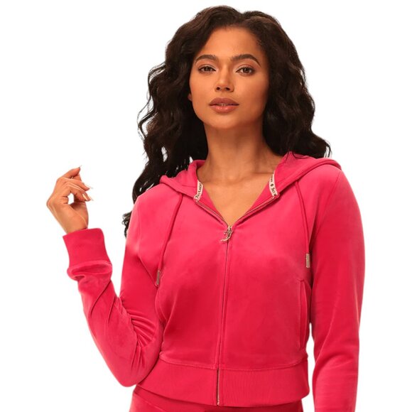 JUICY COUTURE BLING Velour TRACKSUIT Size L Pants + Hoodie 2 Piece Set Hot Pink - Picture 3 of 16